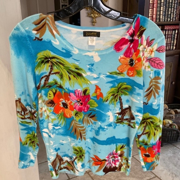 Hawaiian Top Small Tropical Palm Trees Flowers Sequins Beads Floral - Picture 1 of 7